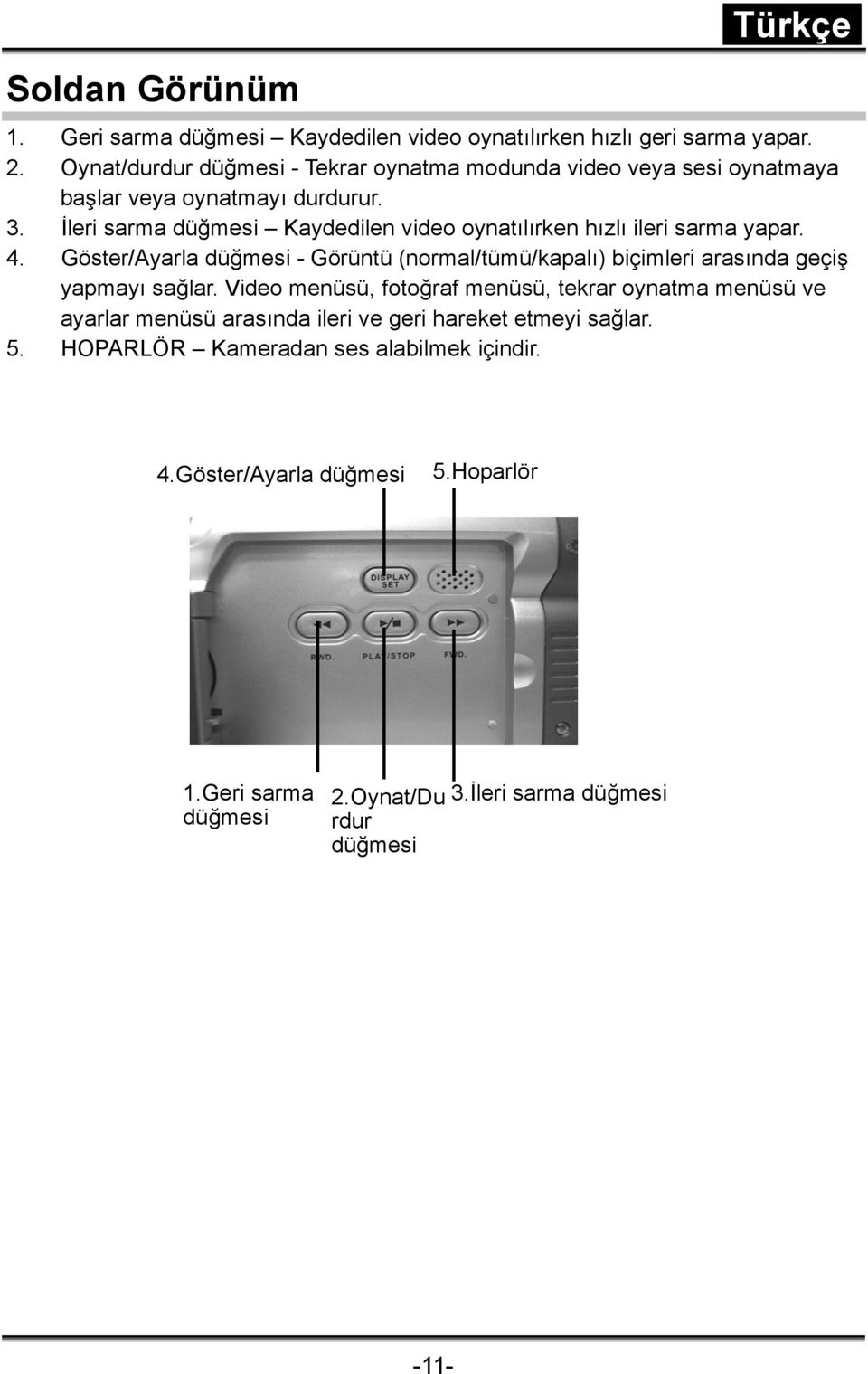 İleri sarma düğmesi Kaydedilen video oynatılırken hızlı ileri sarma yapar. 4.