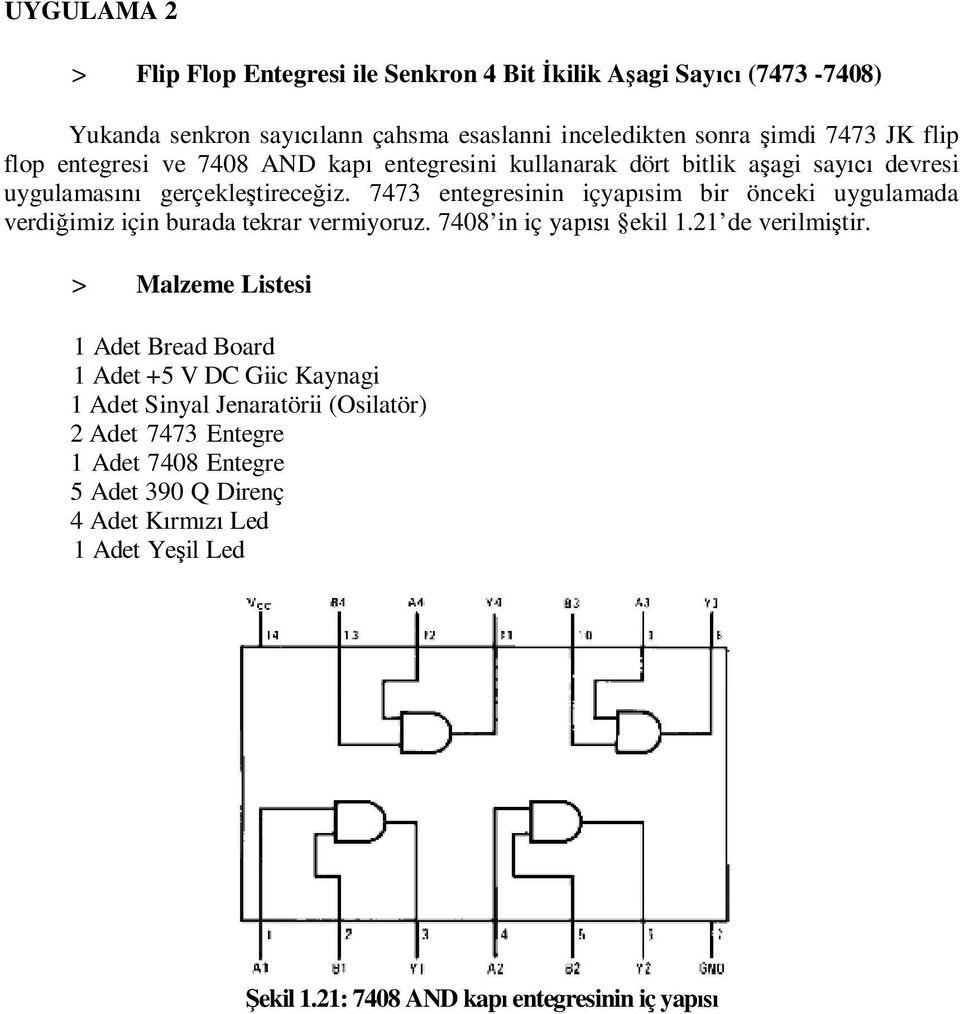 7473 entegresinin içyap sim bir önceki uygulamada verdi imiz için burada tekrar vermiyoruz. 7408 in iç yap ekil 1.21 de verilmi tir.