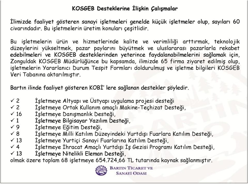 desteklerinden yeterince faydalanabilmelerini sağlamak için, Zonguldak KOSGEB Müdürlüğünce bu kapsamda, ilimizde 65 firma ziyaret edilmiş olup, işletmelerin Yararlanıcı Durum Tespit Formları