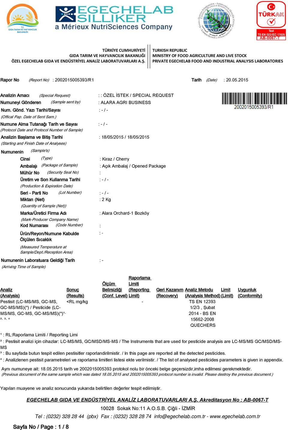 REQUEST : ALARA AGRI BUSINESS : - / - Analizin Başlama ve Bitiş i : 18/05/2015 / 18/05/2015 Numunenin Cinsi Ambalajı Üretim ve Son Kullanma i Seri - Parti No Miktarı (Net) (Special Request) (Sample