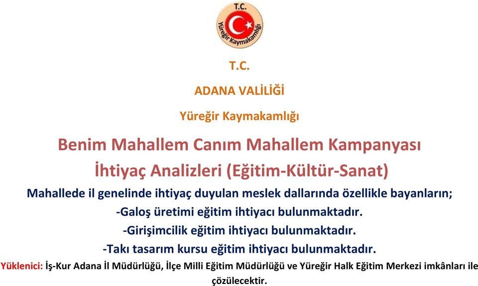 -Girişimcilik eğitim ihtiyacı bulunmaktadır.