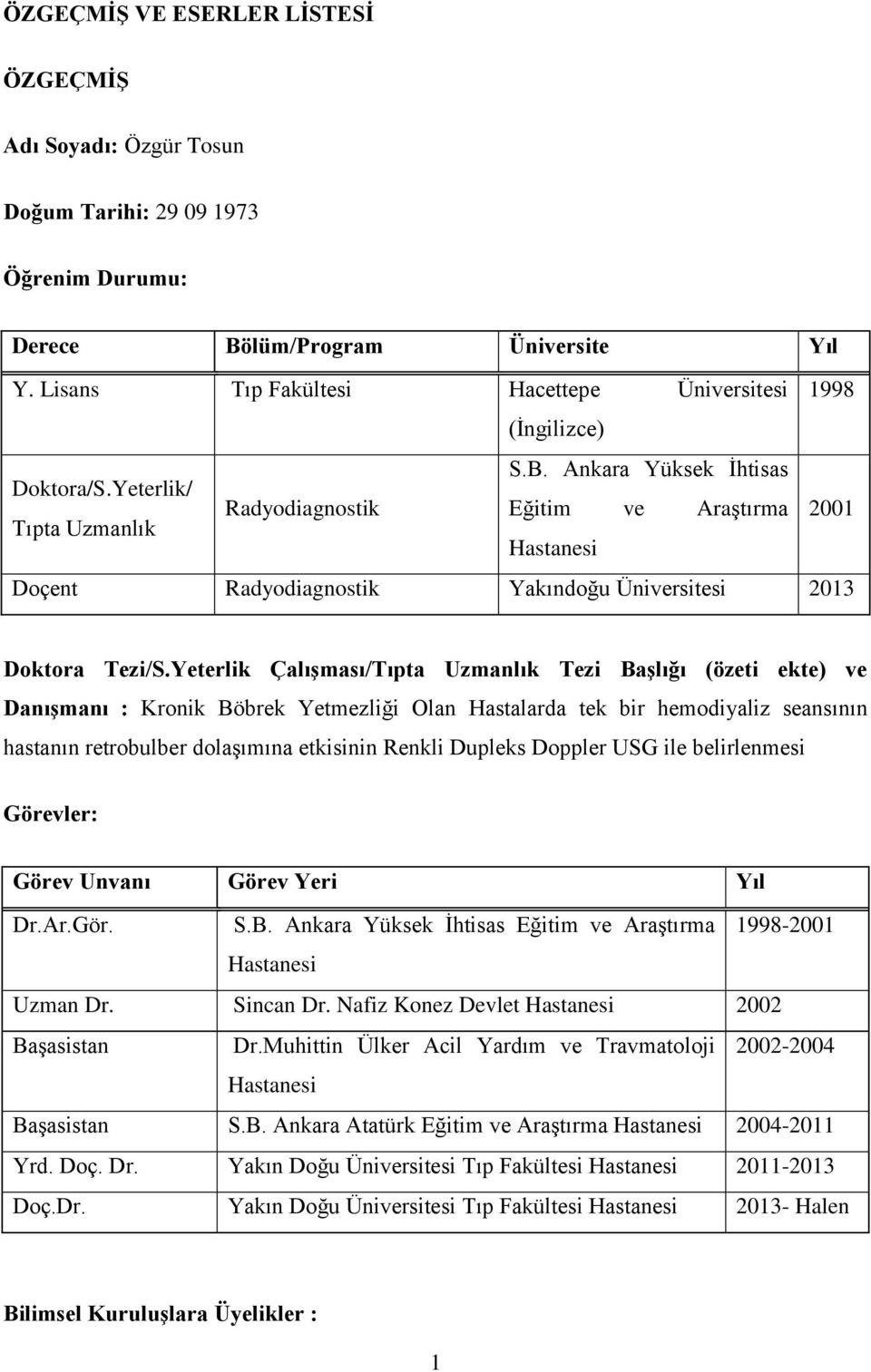 Yeterlik/ Radyodiagnostik Eğitim ve Araştırma Tıpta Uzmanlık Hastanesi 2001 Doçent Radyodiagnostik Yakındoğu Üniversitesi 2013 Doktora Tezi/S.