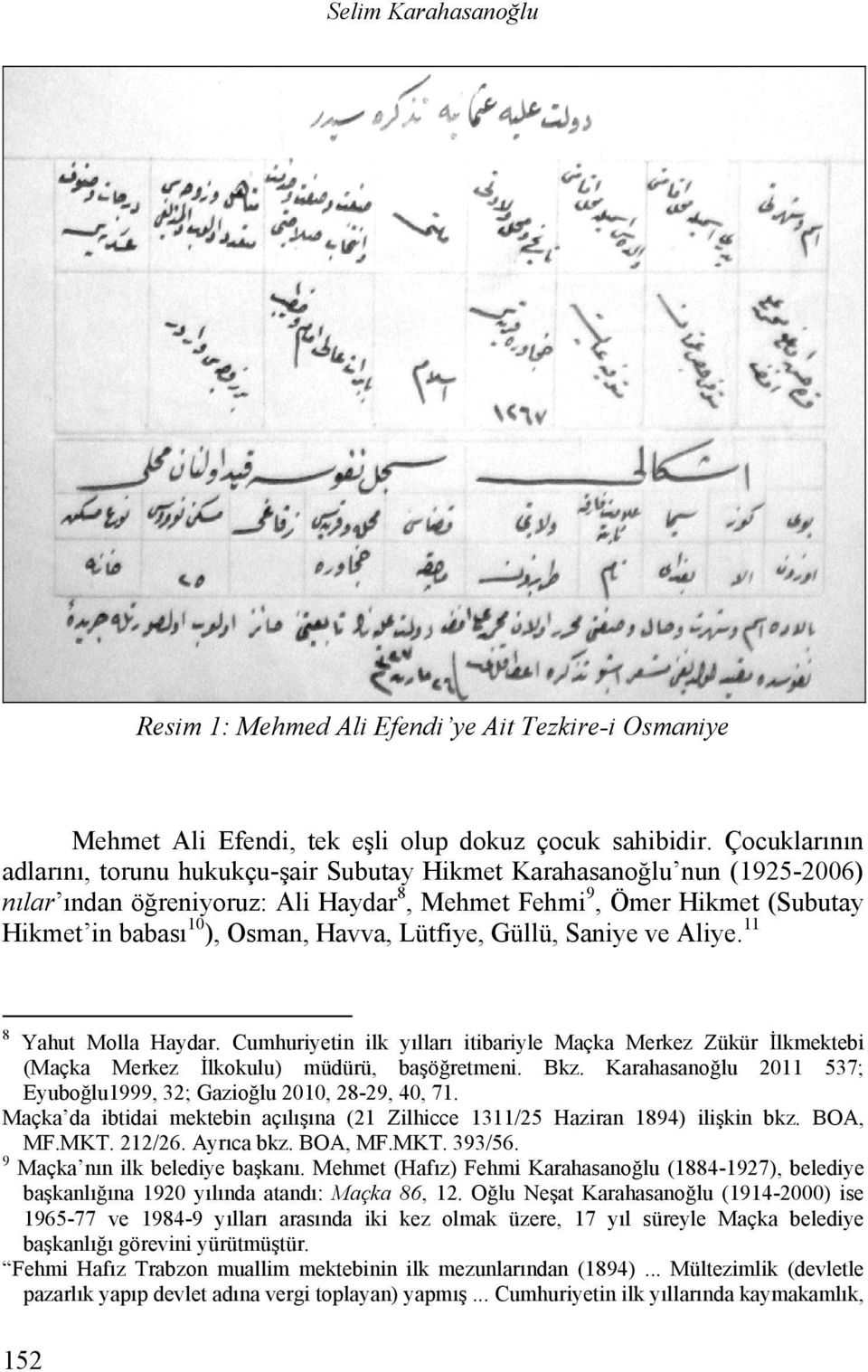 Havva, Lütfiye, Güllü, Saniye ve Aliye. 11 8 Yahut Molla Haydar. Cumhuriyetin ilk yılları itibariyle Maçka Merkez Zükür İlkmektebi (Maçka Merkez İlkokulu) müdürü, başöğretmeni. Bkz.