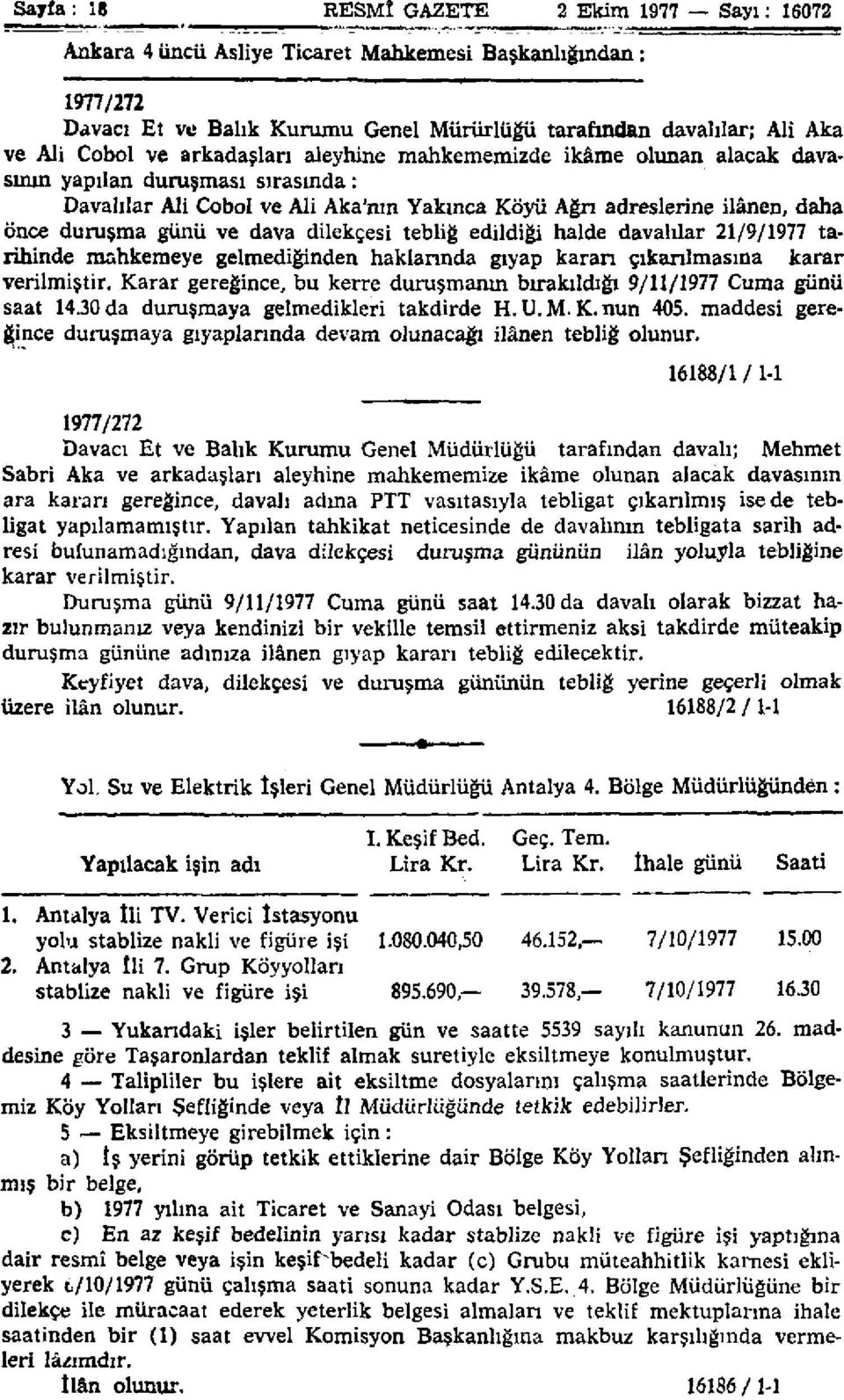 dilekçesi tebliğ edildiği halde davalılar 21/9/1977 tarihinde mahkemeye gelmediğinden haklannda gıyap karan çıkanlmasma karar verilmiştir.