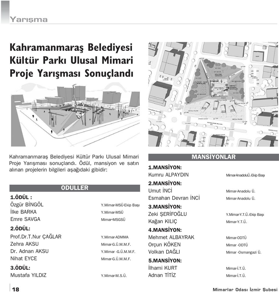 ÖDÜL: Mustafa YILDIZ ÖDÜLLER Y.Mimar-MSÜ-Ekip Bafl Y.Mimar-MSÜ Mimar-MSGSÜ Y.Mimar-ADMMA Mimar-G.Ü.M.M.F. Y.Mimar -G.Ü.M.M.F. Mimar-G.Ü.M.M.F. Y.Mimar-M.S.Ü. MANS YONLAR 1.MANS YON: Kumru ALPAYDIN 2.