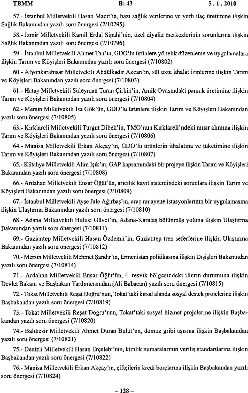 - İstanbul Milletvekili Ahmet Tan'ın, GDO'lu ürünlere yönelik düzenleme ve uygulamalara ilişkin Tarım ve Köyişleri Bakanından yazılı soru önergesi (7/10802) 60.