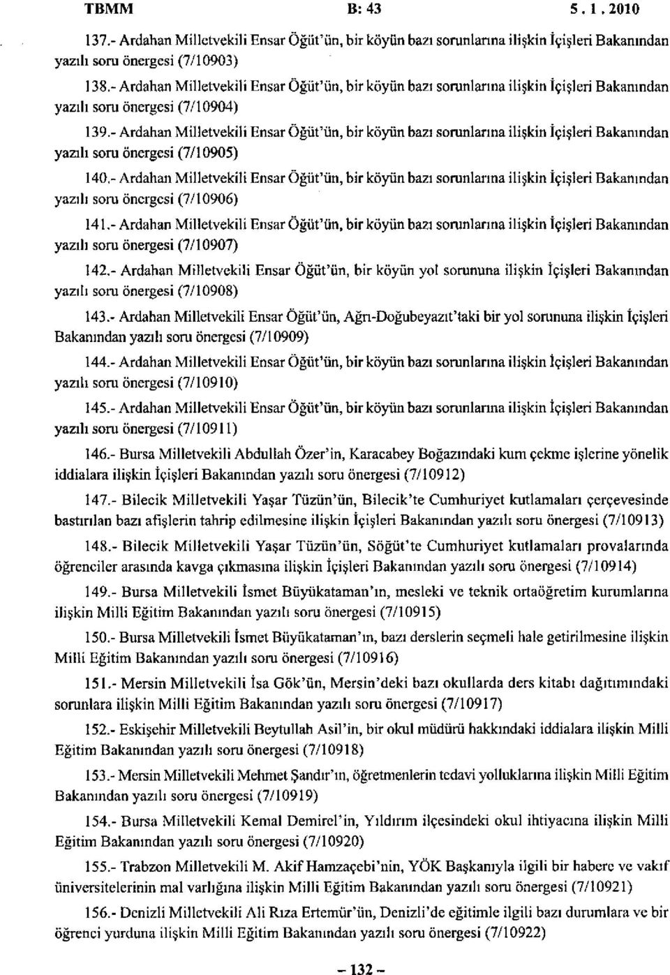 - Ardahan Milletvekili Ensar Öğüt'ün, bir köyün bazı sorunlarına ilişkin İçişleri Bakanından yazılı soru önergesi (7/10905) 140,- Ardahan Milletvekili Ensar Öğüt'ün, bir köyün bazı sorunlarına