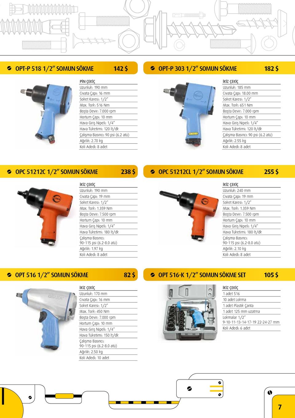 000 rpm Hortum Çapı: 10 mm Hava Tüketimi: 120 lt/dk Ağırlık: 2.