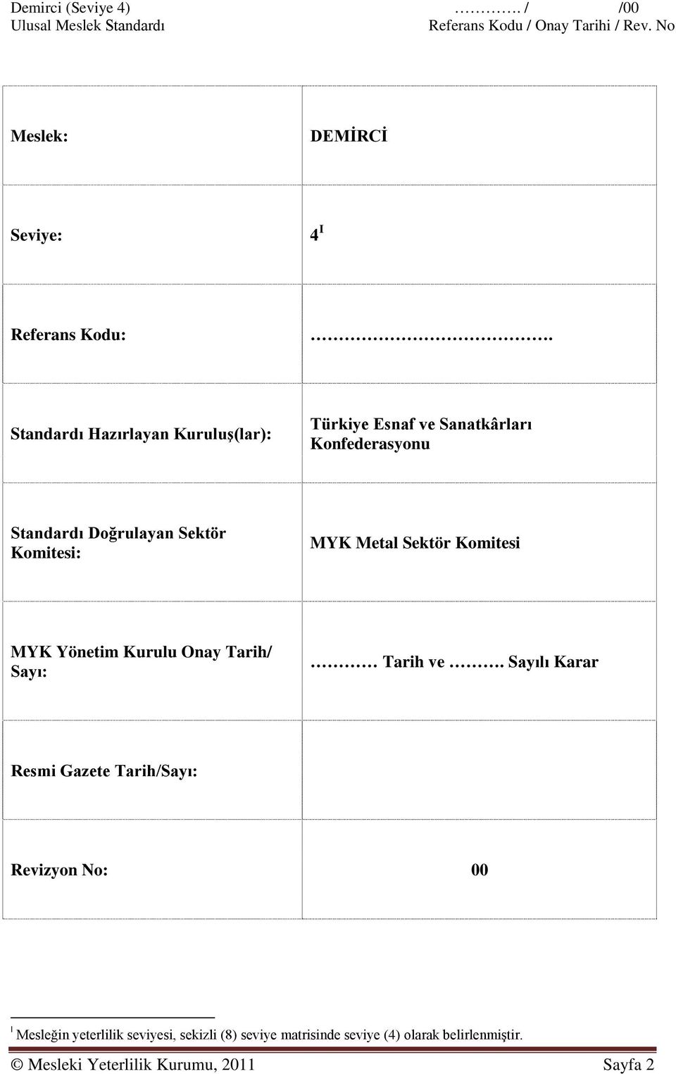 Komitesi: MYK Metal Sektör Komitesi MYK Yönetim Kurulu Onay Tarih/ Sayı: Tarih ve.