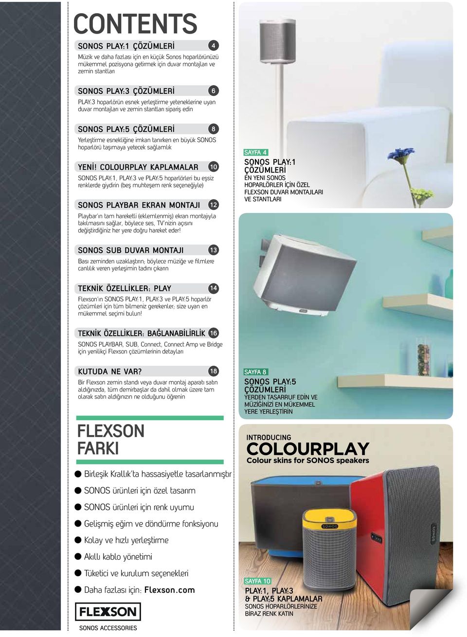 YENİ! COLOURPLAY KAPLAMALAR 10 SONOS PLAY:1, PLAY:3 ve PLAY:5 hoparlörleri bu eşsiz renklerde giydirin (beş muhteşem renk seçeneğiyle) SONOS PLAYBAR EKRAN MONTAJI 12 Playbar ın tam hareketli