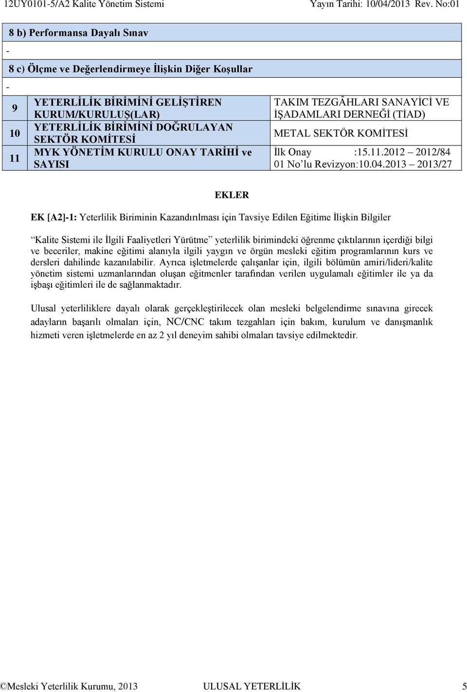 MYK YÖNETİM KURULU ONAY TARİHİ ve SAYISI TAKIM TEZGÂHLARI SANAYİCİ VE İŞADAMLARI DERNEĞİ (TİAD) METAL SEKTÖR KOMİTESİ İlk Onay :15.11.2012 2012/84 01 No lu Revizyon:10.04.