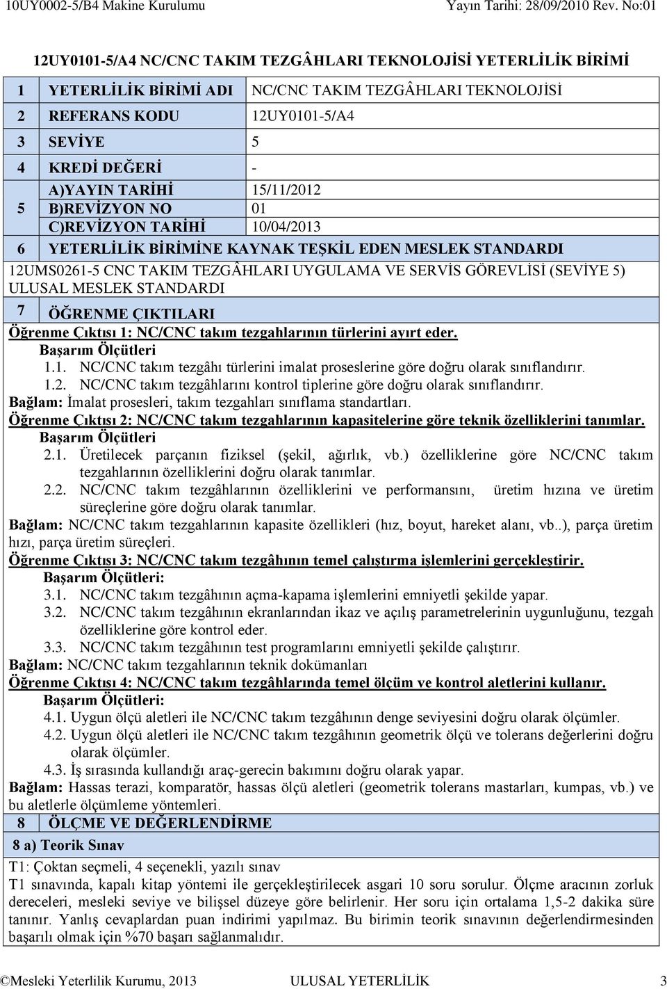 A)YAYIN TARİHİ 15/11/2012 B)REVİZYON NO 01 C)REVİZYON TARİHİ 10/04/2013 6 YETERLİLİK BİRİMİNE KAYNAK TEŞKİL EDEN MESLEK STANDARDI 12UMS0261-5 CNC TAKIM TEZGÂHLARI UYGULAMA VE SERVİS GÖREVLİSİ (SEVİYE