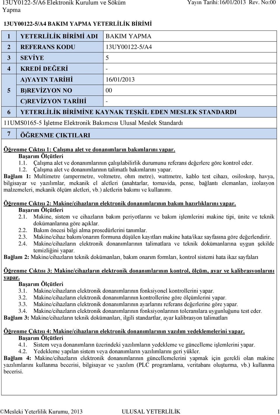 C)REVİZYON TARİHİ - 6 YETERLİLİK BİRİMİNE KAYNAK TEŞKİL EDEN MESLEK STANDARDI 11UMS0165-5 İşletme Elektronik Bakımcısı Ulusal Meslek Standardı 7 ÖĞRENME ÇIKTILARI Öğrenme Çıktısı 1: Çalışma alet ve