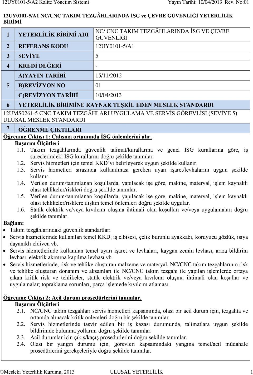 CNC TAKIM TEZGÂHLARINDA İSG VE ÇEVRE GÜVENLİĞİ 5 B)REVİZYON NO 01 C)REVİZYON TARİHİ 10/04/2013 6 YETERLİLİK BİRİMİNE KAYNAK TEŞKİL EDEN MESLEK STANDARDI 12UMS0261-5 CNC TAKIM TEZGÂHLARI UYGULAMA VE