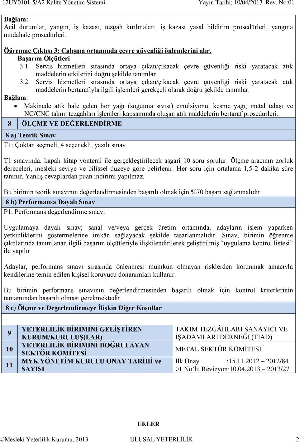 Öğrenme Çıktısı 3: Çalışma ortamında çevre güvenliği önlemlerini alır. 3.1.