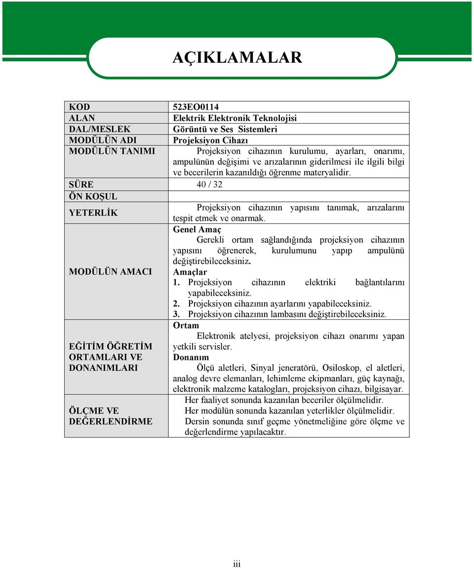 SÜRE 40 / 32 ÖN KOŞUL YETERLİK Projeksiyon cihazının yapısını tanımak, arızalarını tespit etmek ve onarmak.