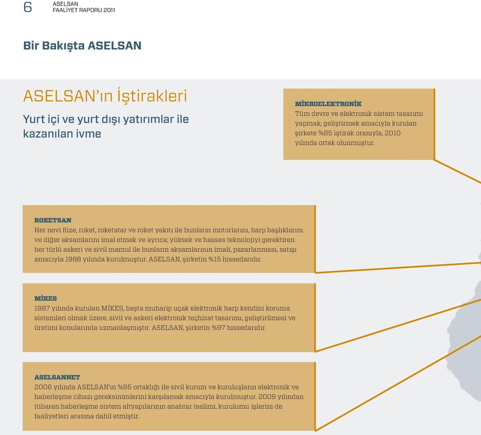 ROKETSAN Her nevi füze, roket, roketatar ve roket yakıtı ile bunların motorlarını, harp başlıklarını ve diğer aksamlarını imal etmek ve ayrıca; yüksek ve hassas teknolojiyi gerektiren her türlü