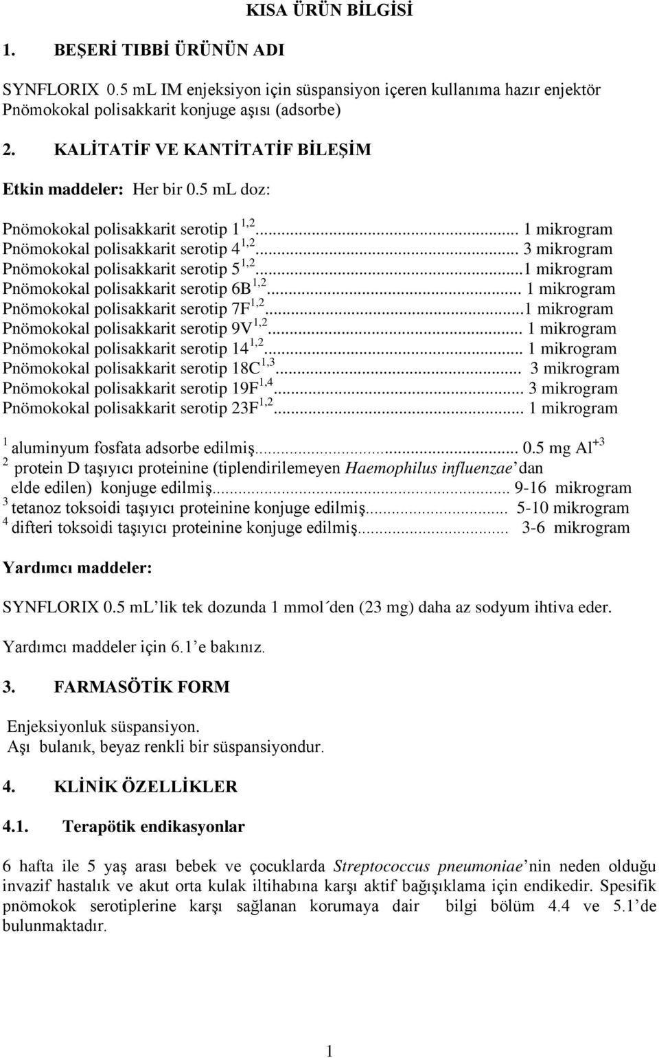 .. 3 mikrogram Pnömokokal polisakkarit serotip 5 1,2...1 mikrogram Pnömokokal polisakkarit serotip 6B 1,2... 1 mikrogram Pnömokokal polisakkarit serotip 7F 1,2.