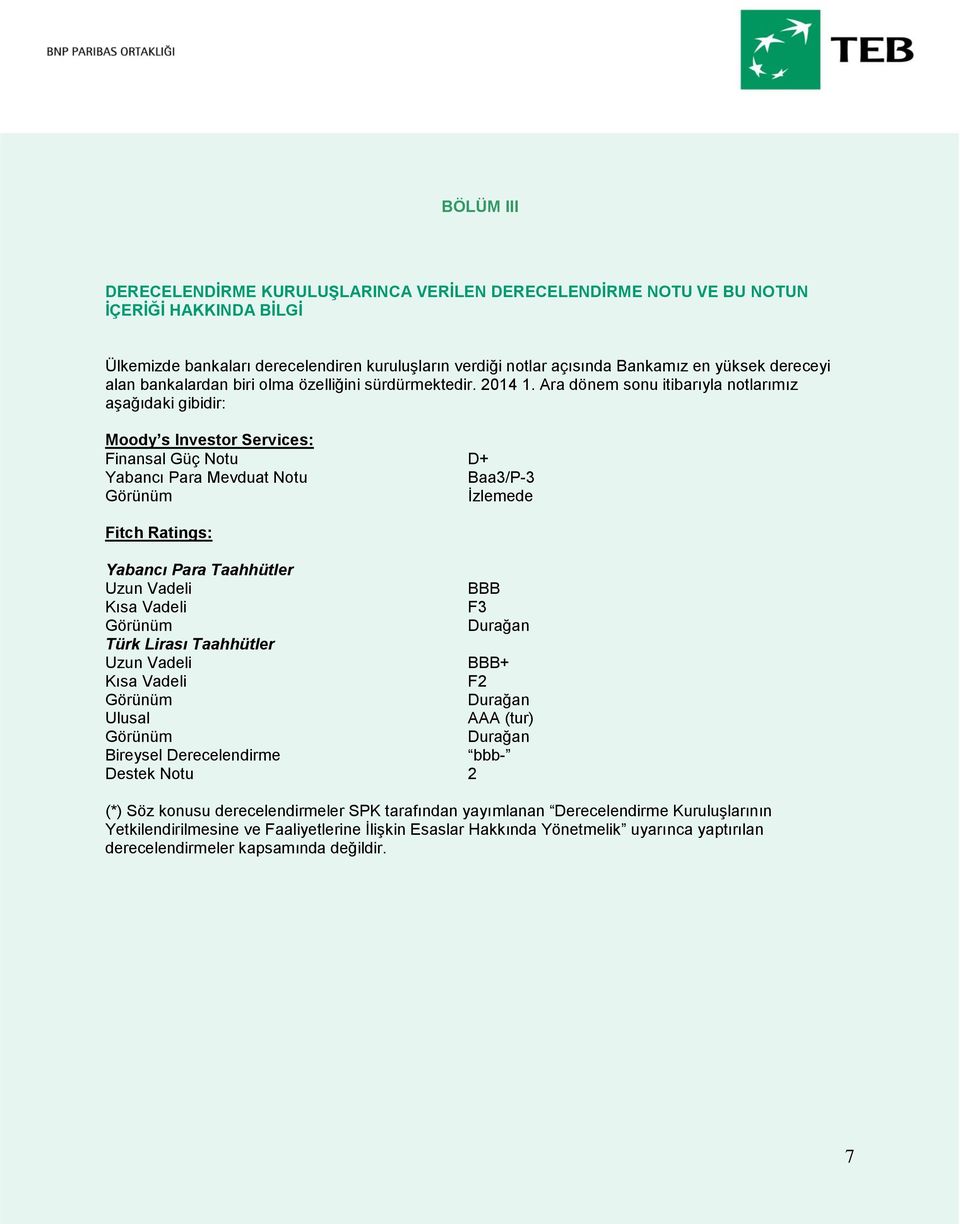 Ara dönem sonu itibarıyla notlarımız aşağıdaki gibidir: Moody s Investor Services: Finansal Güç Notu D+ Yabancı Para Mevduat Notu Baa3/P-3 Görünüm İzlemede Fitch Ratings: Yabancı Para Taahhütler Uzun