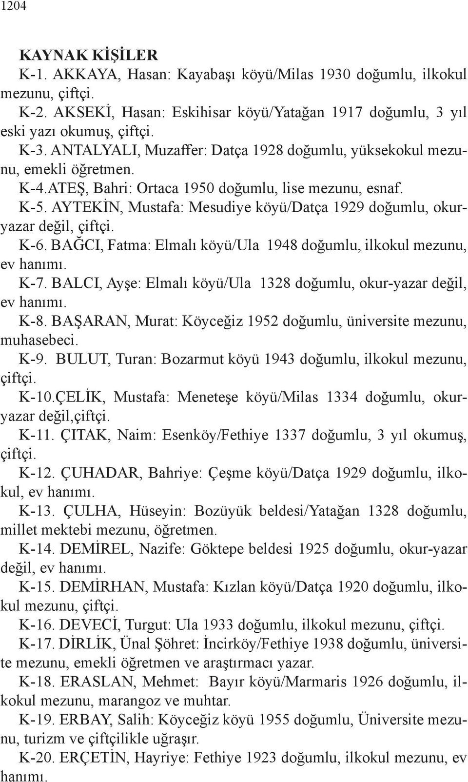 AYTEKİN, Mustafa: Mesudiye köyü/datça 1929 doğumlu, okuryazar değil, çiftçi. K-6. BAĞCI, Fatma: Elmalı köyü/ula 1948 doğumlu, ilkokul mezunu, ev hanımı. K-7.