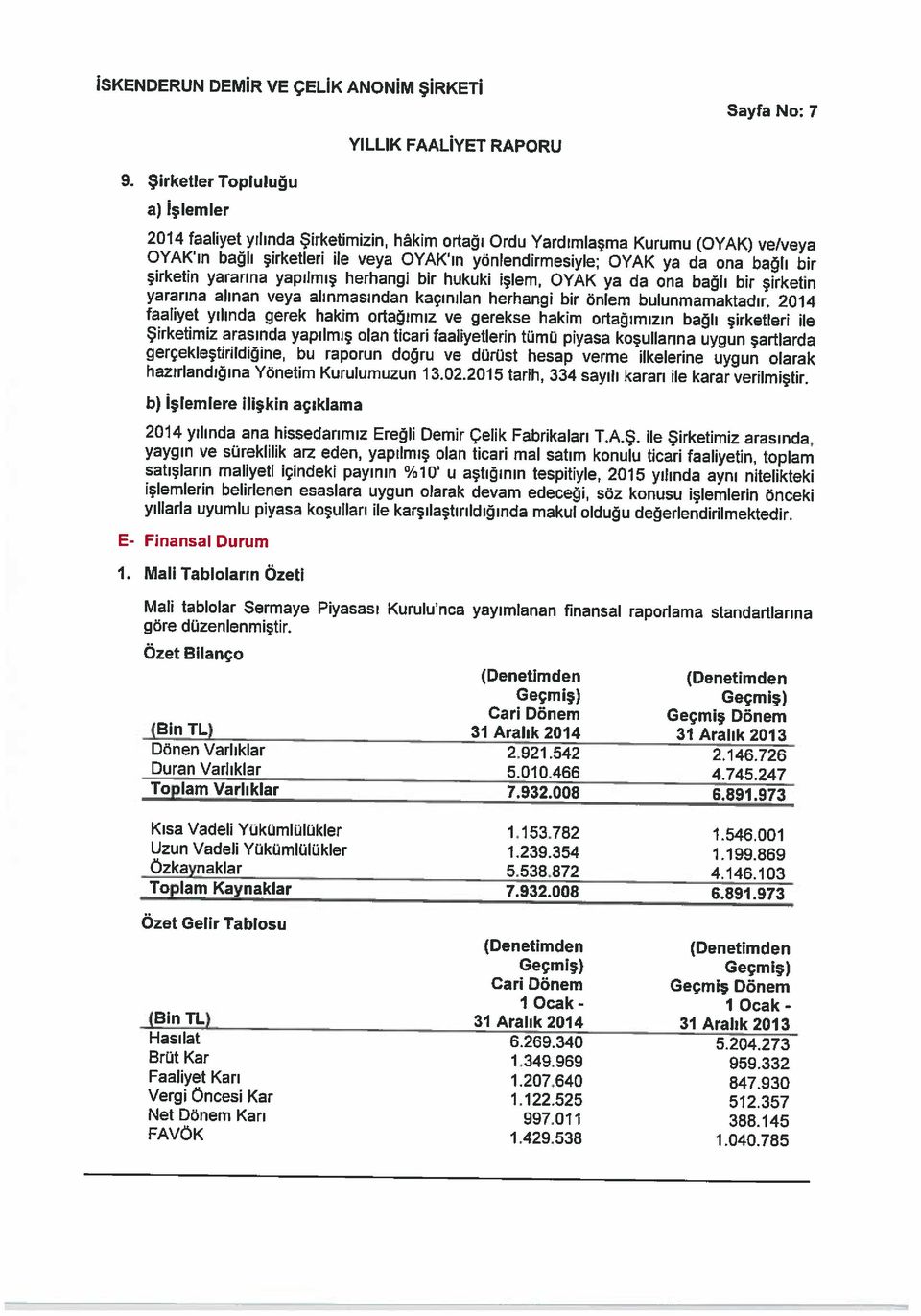 2014 OYAK ın bağlı şirketleri ile veya OYAK ın yönlendirmesiyle; OYAK ya da ona bağlı bir 2014 faaliyet yılında Şirketimizin, hkim ortağı Ordu Yardımlaşma Kurumu (OYAK) ve/veya a> İşlemler 9.