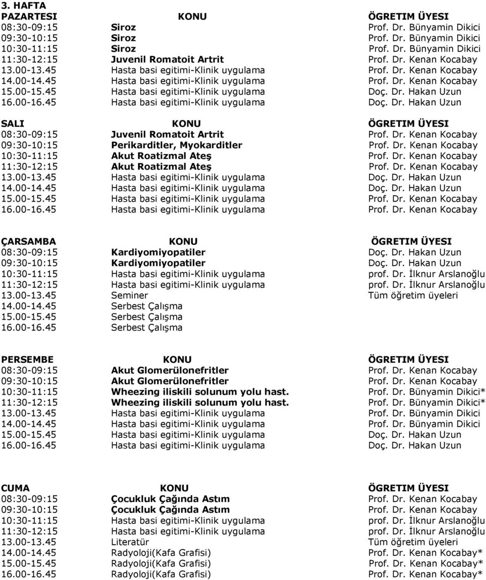00-16.45 Hasta basi egitimi-klinik uygulama Doç. Dr. Hakan Uzun SALI KONU ÖGRETIM ÜYESI Juvenil Romatoit Artrit Prof. Dr. Kenan Kocabay Perikarditler, Myokarditler Prof. Dr. Kenan Kocabay Akut Roatizmal Ateş Prof.