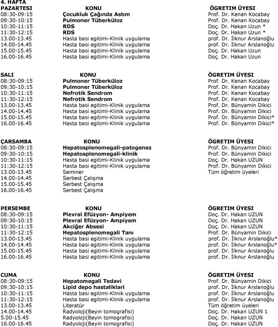 00-16.45 Hasta basi egitimi-klinik uygulama Doç. Dr. Hakan Uzun SALI KONU ÖGRETIM ÜYESI Pulmoner Tüberküloz Prof. Dr. Kenan Kocabay Pulmoner Tüberküloz Prof. Dr. Kenan Kocabay Nefrotik Sendrom Prof.