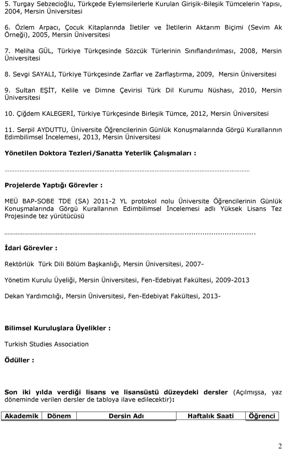 Meliha GÜL, Türkiye Türkçesinde Sözcük Türlerinin Sınıflandırılması, 2008, Mersin Üniversitesi 8. Sevgi SAYALI, Türkiye Türkçesinde Zarflar ve Zarflaştırma, 2009, Mersin Üniversitesi 9.