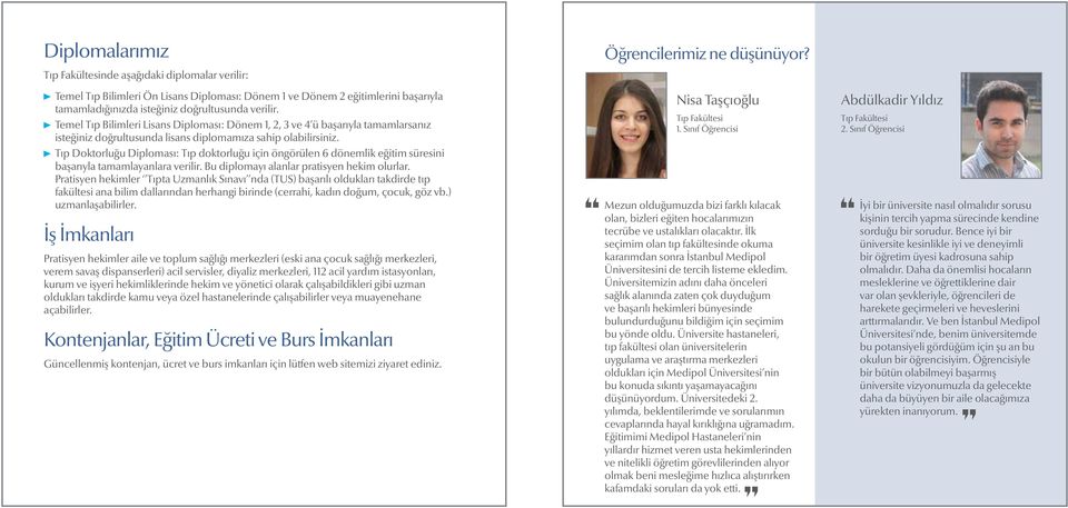 Tıp Doktorluğu Diploması: Tıp doktorluğu için öngörülen 6 dönemlik eğitim süresini başarıyla tamamlayanlara verilir. Bu diplomayı alanlar pratisyen hekim olurlar.