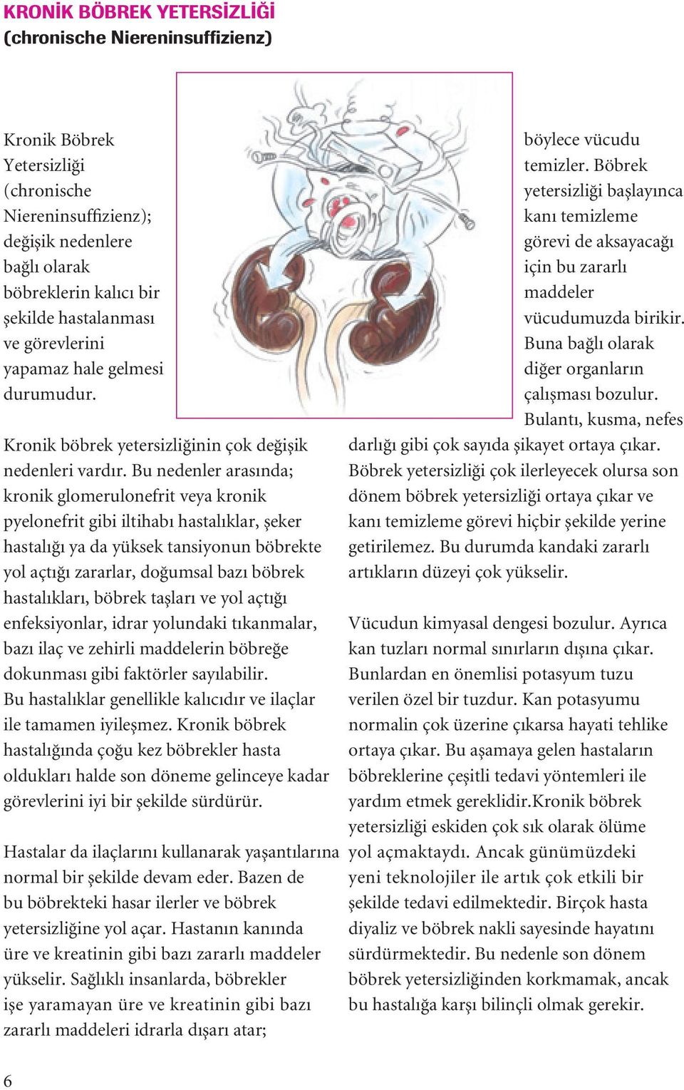 Bu nedenler arasında; kronik glomerulonefrit veya kronik pyelonefrit gibi iltihabı hastalıklar, μeker hastalıπı ya da yüksek tansiyonun böbrekte yol açtıπı zararlar, doπumsal bazı böbrek