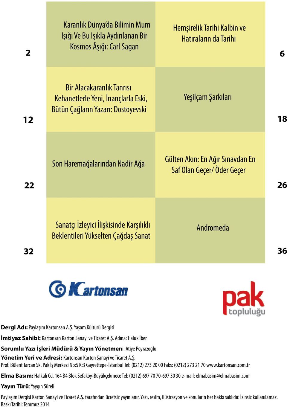 Karşılıklı Beklentileri Yükselten Çağdaş Sanat Andromeda 36 Dergi Adı: Paylaşım Kartonsan A.Ş.