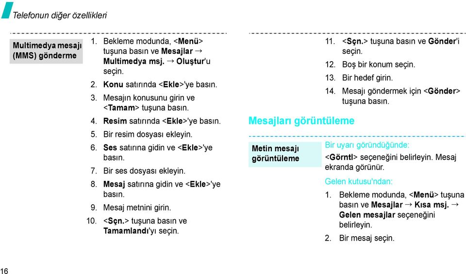 Mesaj satırına gidin ve <Ekle>'ye basın. 9. Mesaj metnini girin. 10. <Sçn.> tuşuna basın ve Tamamlandı'yı seçin. Mesajları görüntüleme Metin mesajı görüntüleme 11. <Sçn.> tuşuna basın ve Gönder'i seçin.