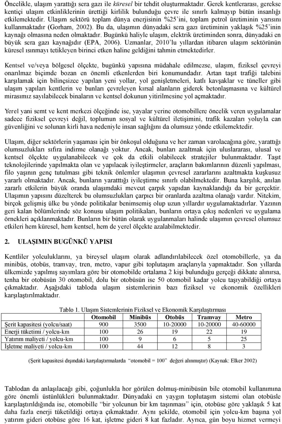 Ulaşım sektörü toplam dünya enerjisinin %25 ini, toplam petrol üretiminin yarısını kullanmaktadır (Gorham, 2002).