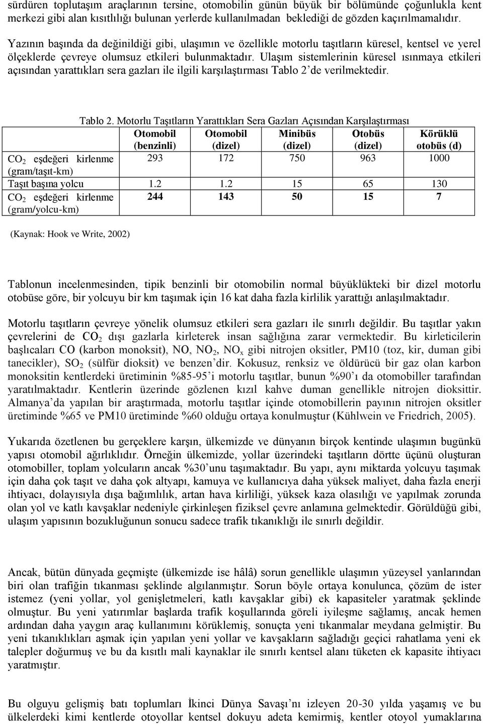 Ulaşım sistemlerinin küresel ısınmaya etkileri açısından yarattıkları sera gazları ile ilgili karşılaştırması Tablo 2 