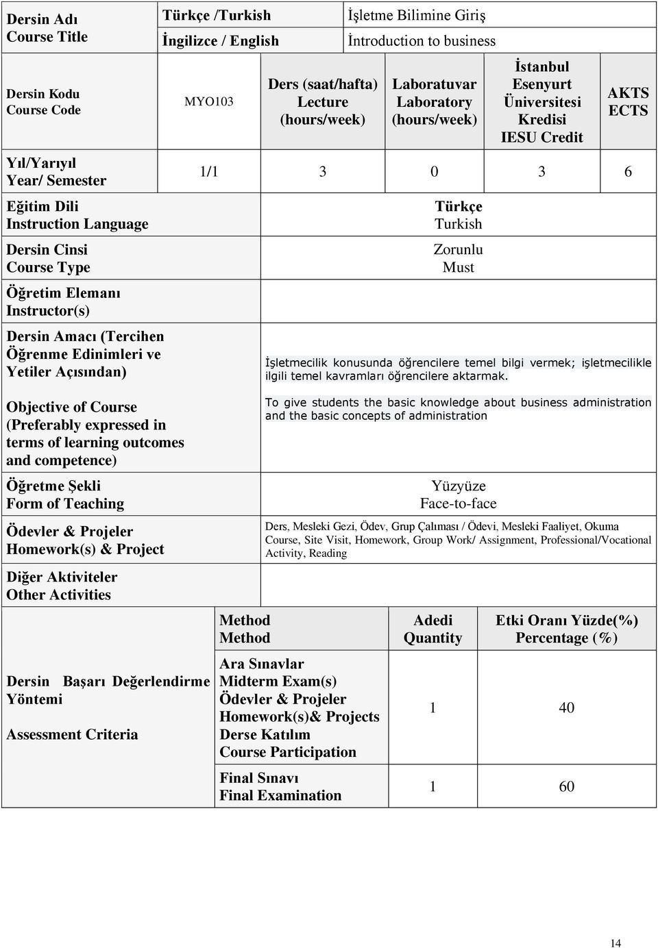 Üniversitesi Kredisi IESU Credit AKTS ECTS 1/1 3 0 3 6 Türkçe Turkish Zorunlu Must İşletmecilik konusunda öğrencilere temel bilgi vermek; işletmecilikle ilgili temel kavramları öğrencilere aktarmak.