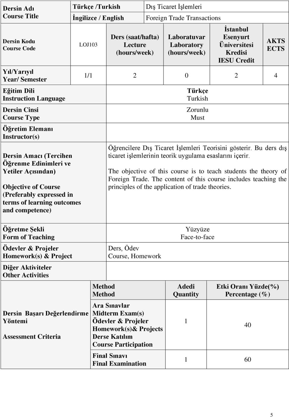 Ticaret İşlemleri Foreign Trade Transactions Laboratuvar Laboratory İstanbul Esenyurt Üniversitesi Kredisi IESU Credit AKTS ECTS 1/1 2 0 2 4 Türkçe Turkish Zorunlu Must Öğrencilere Dış Ticaret