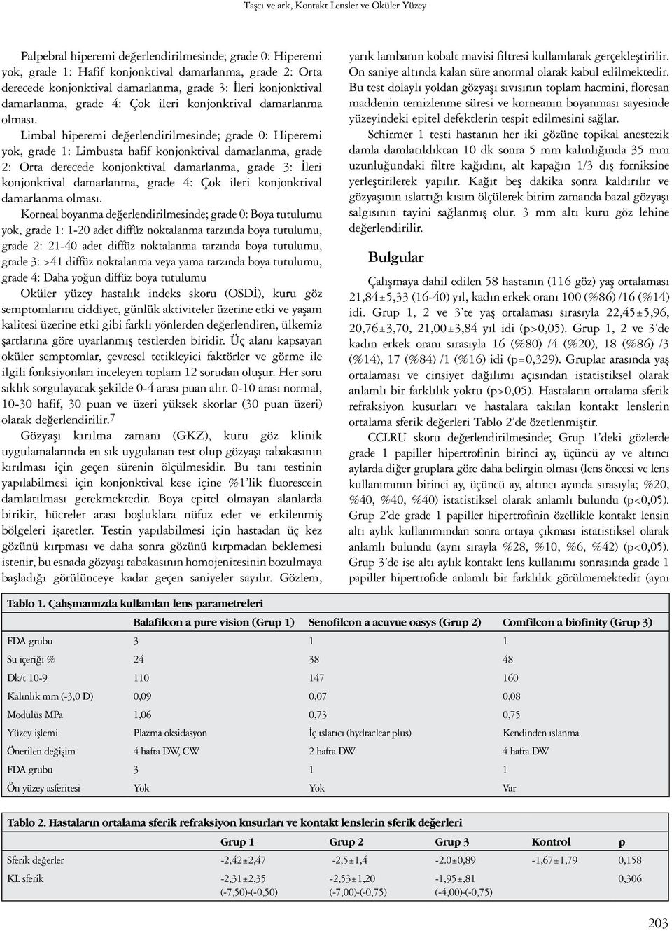 Limbal hiperemi değerlendirilmesinde; grade 0: Hiperemi yok, grade 1: Limbusta hafif konjonktival damarlanma, grade 2: Orta derecede konjonktival damarlanma,  Korneal boyanma değerlendirilmesinde;