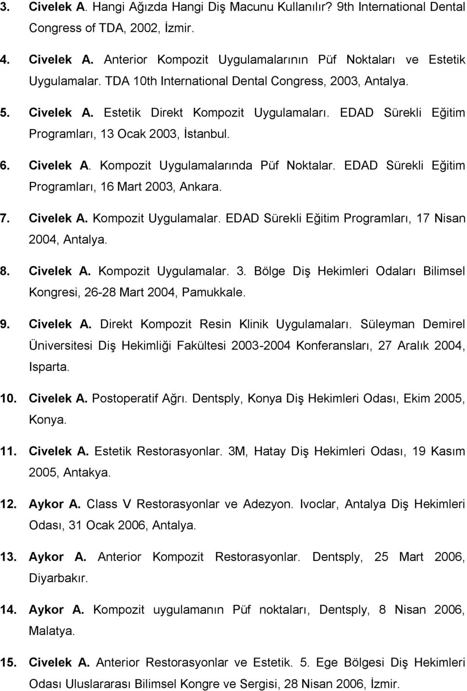 EDAD Sürekli Eğitim Programları, 16 Mart 2003, Ankara. 7. Civelek A. Kompozit Uygulamalar. EDAD Sürekli Eğitim Programları, 17 Nisan 2004, Antalya. 8. Civelek A. Kompozit Uygulamalar. 3.