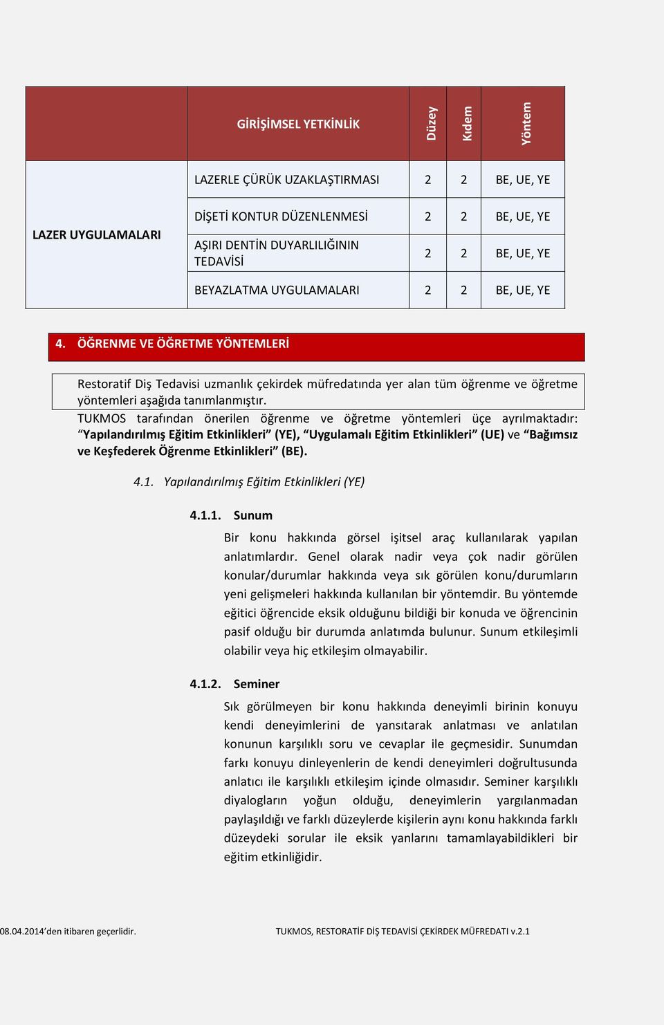 UKMOS tarafından önerilen öğrenme ve öğretme yöntemleri üçe ayrılmaktadır: Yapılandırılmış Eğitim Etkinlikleri (YE), Uygulamalı Eğitim Etkinlikleri (UE) ve Bağımsız ve Keşfederek Öğrenme Etkinlikleri