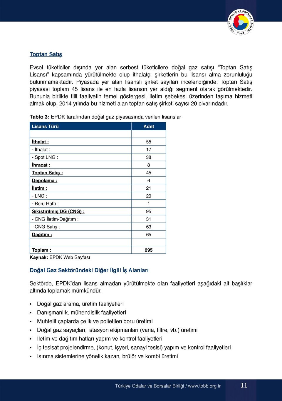 Bununla birlikte fiili faaliyetin temel göstergesi, iletim şebekesi üzerinden taşıma hizmeti almak olup, 2014 yılında bu hizmeti alan toptan satış şirketi sayısı 20 civarındadır.