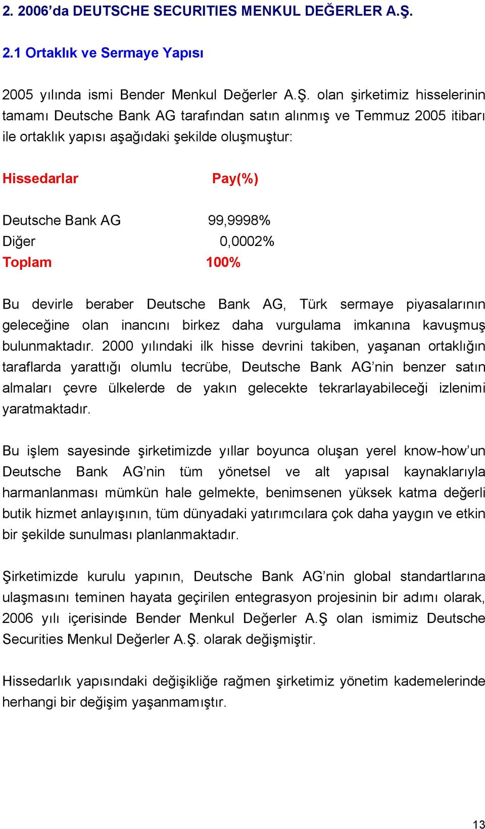 olan şirketimiz hisselerinin tamamı Deutsche Bank AG tarafından satın alınmış ve Temmuz 2005 itibarı ile ortaklık yapısı aşağıdaki şekilde oluşmuştur: Hissedarlar Pay(%) Deutsche Bank AG 99,9998%