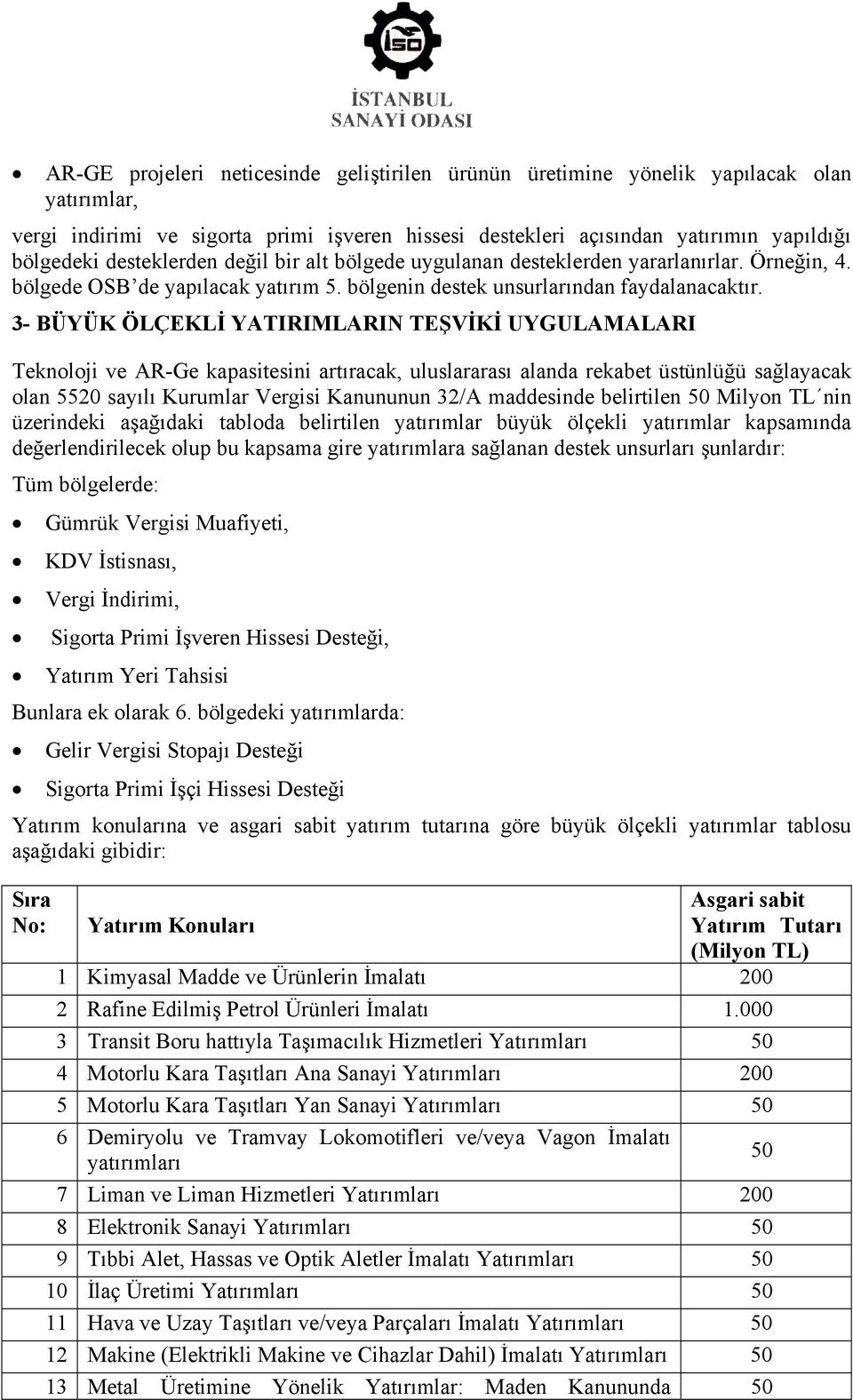 3- BÜYÜK ÖLÇEKLİ YATIRIMLARIN TEŞVİKİ UYGULAMALARI Teknoloji ve AR-Ge kapasitesini artıracak, uluslararası alanda rekabet üstünlüğü sağlayacak olan 5520 sayılı Kurumlar Vergisi Kanununun 32/A