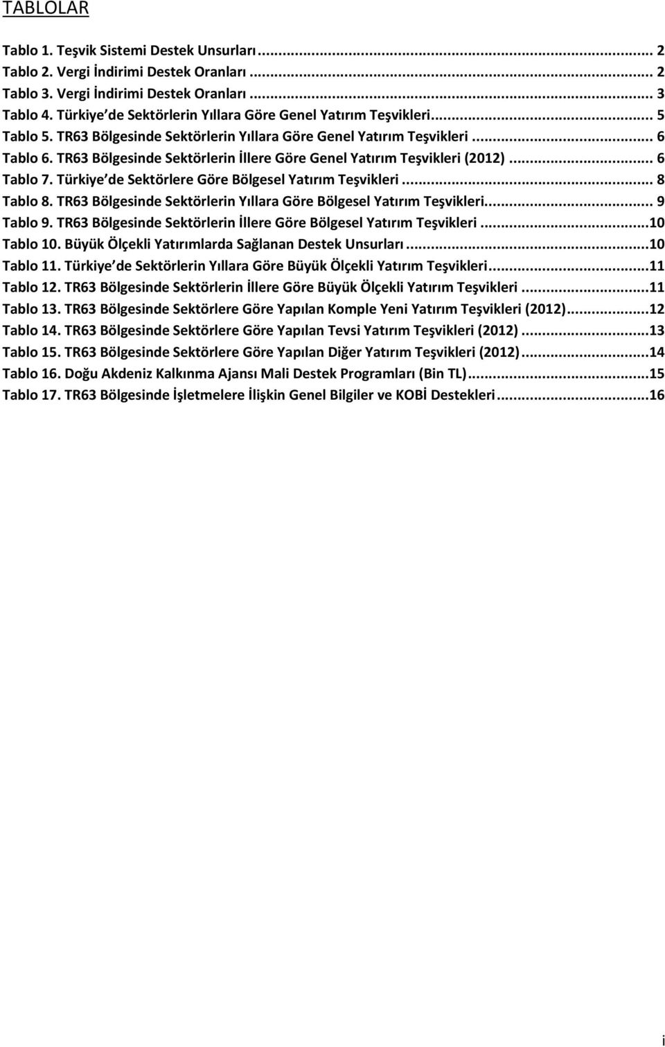 TR63 Bölgesinde Sektörlerin İllere Göre Genel Yatırım Teşvikleri (2012)... 6 Tablo 7. Türkiye de Sektörlere Göre Bölgesel Yatırım Teşvikleri... 8 Tablo 8.
