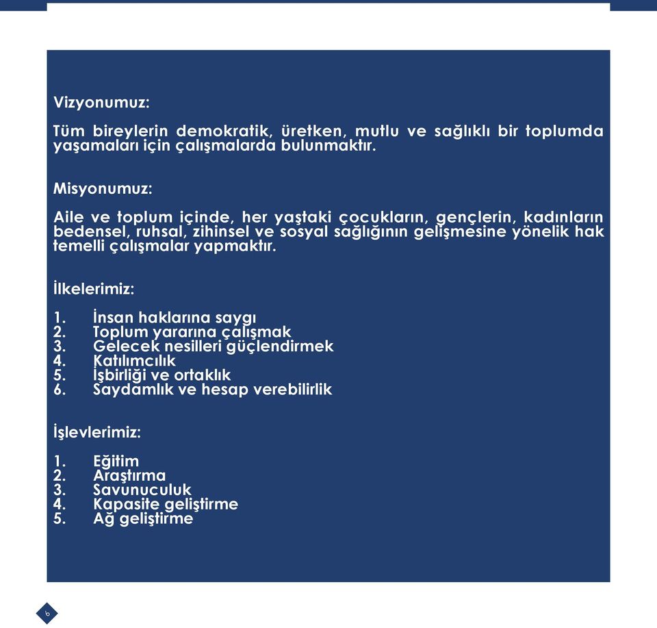 yönelik hak temelli çalışmalar yapmaktır. İlkelerimiz: 1. İnsan haklarına saygı 2. Toplum yararına çalışmak 3. Gelecek nesilleri güçlendirmek 4.