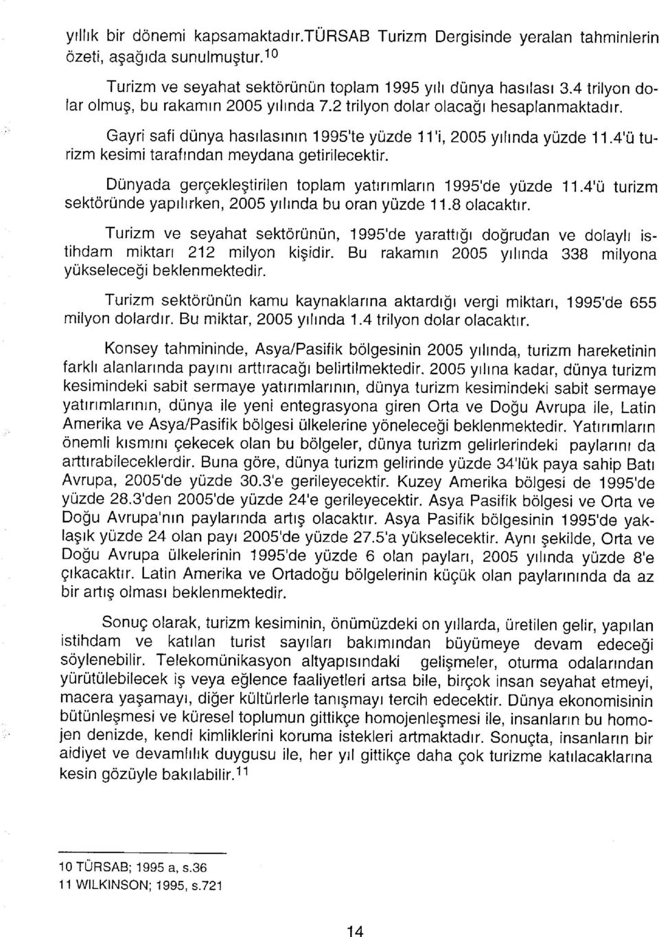 4'ü turizm kesimi tarafından meydana getirilecektir. Dünyada gerçekleştirilen toplam yatınmların 1995'de yüzde 11.4'ü turizm sektöründe yapılırken, 2005 yılında bu oran yüzde 11.8 olacaktır.