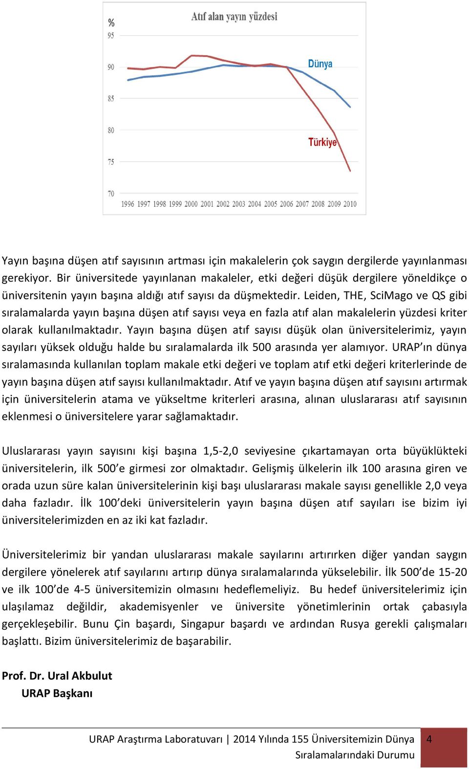 Leiden, THE, SciMago ve QS gibi sıralamalarda yayın başına düşen atıf sayısı veya en fazla atıf alan makalelerin yüzdesi kriter olarak kullanılmaktadır.