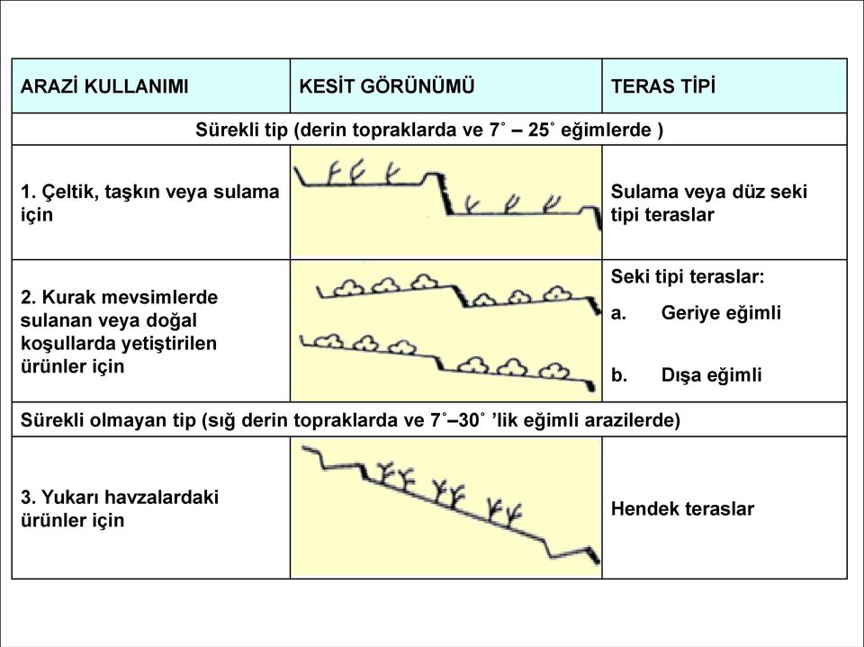 Kurak mevsimlerde sulanan veya doğal koşullarda yetiştirilen ürünler için Seki tipi teraslar: a.