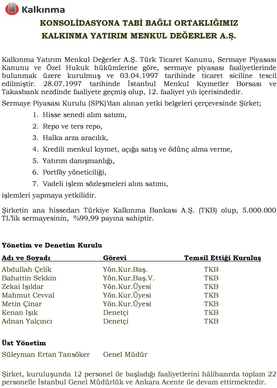 1997 tarihinde ticaret siciline tescil edilmiştir. 28.07.1997 tarihinde İstanbul Menkul Kıymetler Borsası ve Takasbank nezdinde faaliyete geçmiş olup, 12. faaliyet yılı içerisindedir.