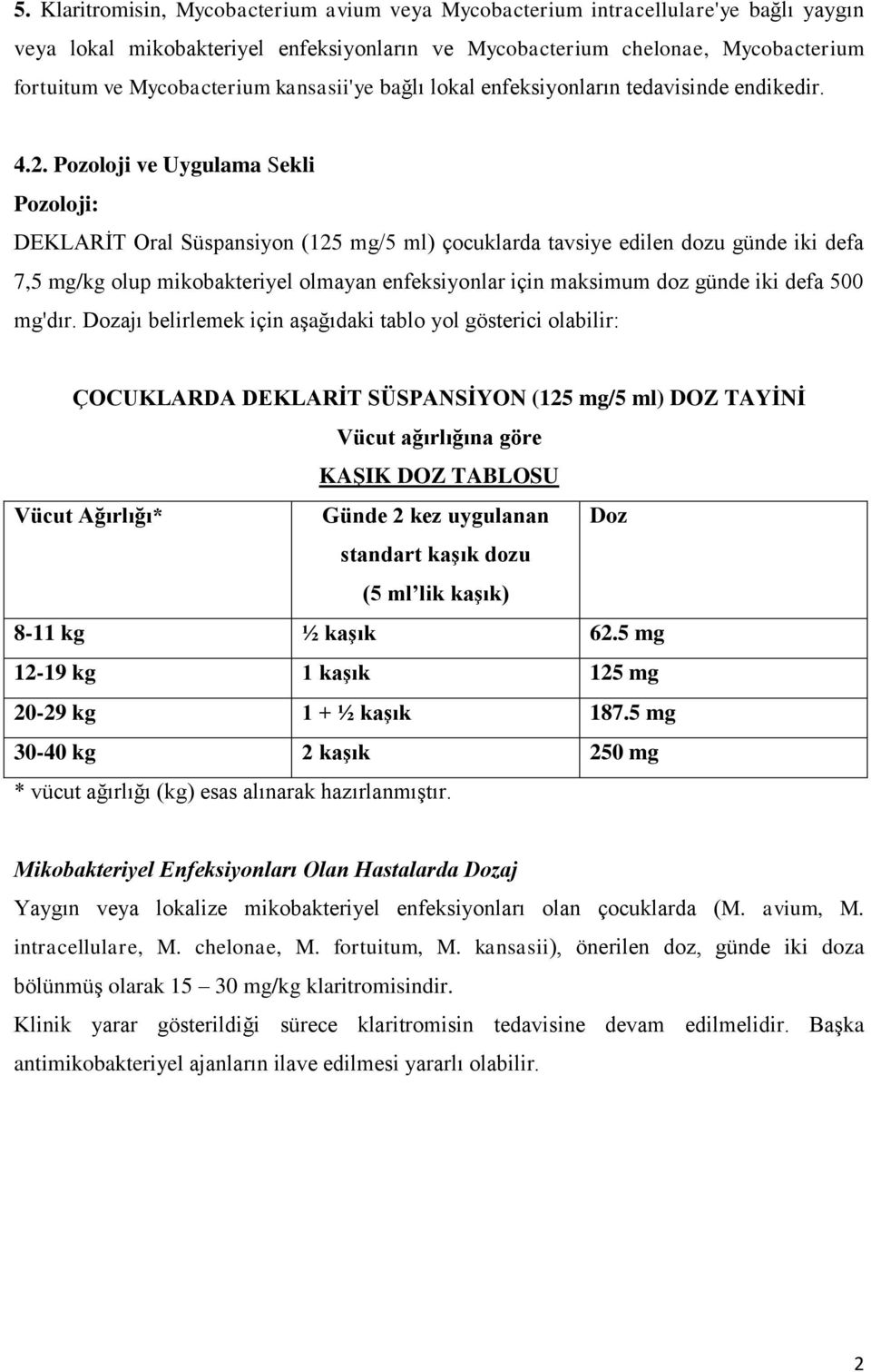 Pozoloji ve Uygulama Sekli Pozoloji: DEKLARİT Oral Süspansiyon (125 mg/5 ml) çocuklarda tavsiye edilen dozu günde iki defa 7,5 mg/kg olup mikobakteriyel olmayan enfeksiyonlar için maksimum doz günde