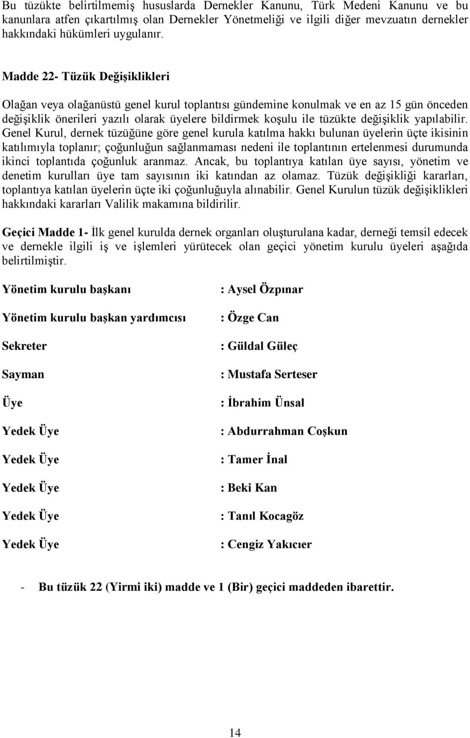 Madde 22- Tüzük Değişiklikleri Olağan veya olağanüstü genel kurul toplantısı gündemine konulmak ve en az 15 gün önceden değişiklik önerileri yazılı olarak üyelere bildirmek koşulu ile tüzükte